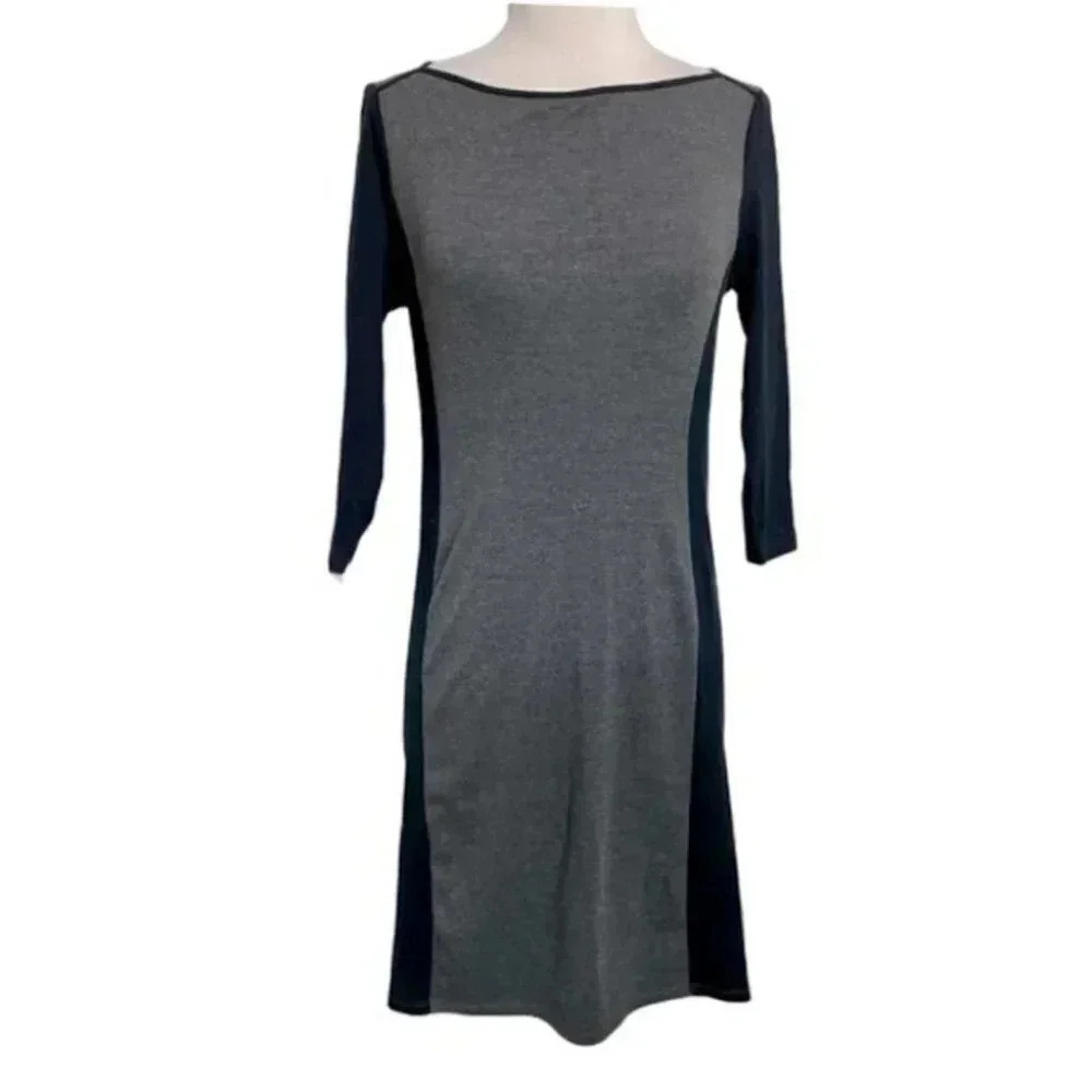 Lauren Ralph Lauren Sheath Dress S Gray Black Colorblock Faux Suede Trim 3/4 Slv
